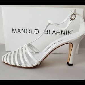 Manolo Blahnik Cage T-strap white Patent heels